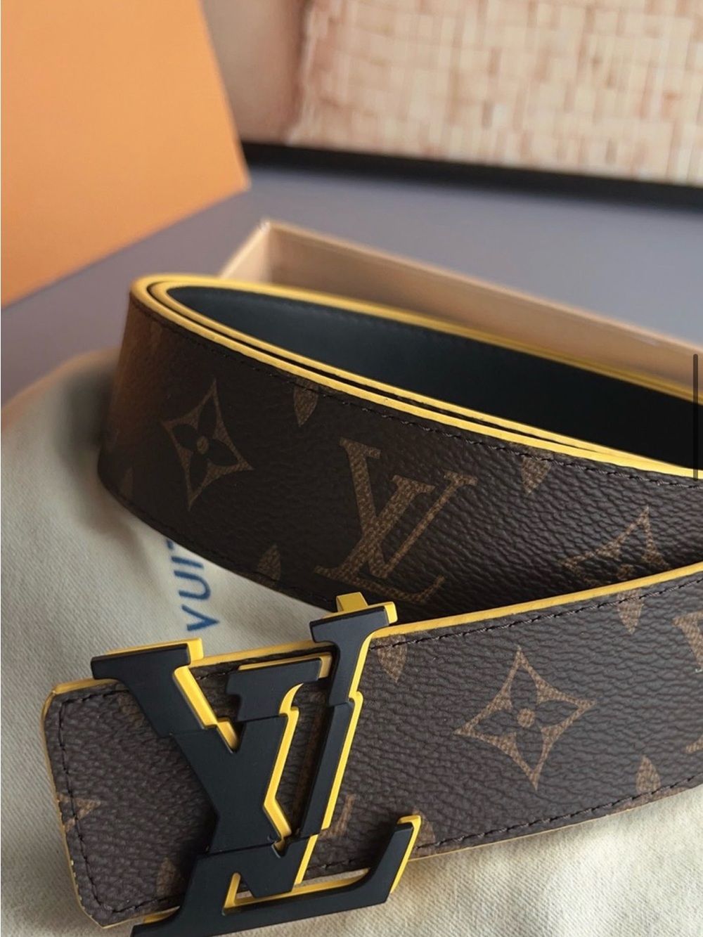 Louis Vuitton Brown Monogram Belt with Black and Gold LV Buckle